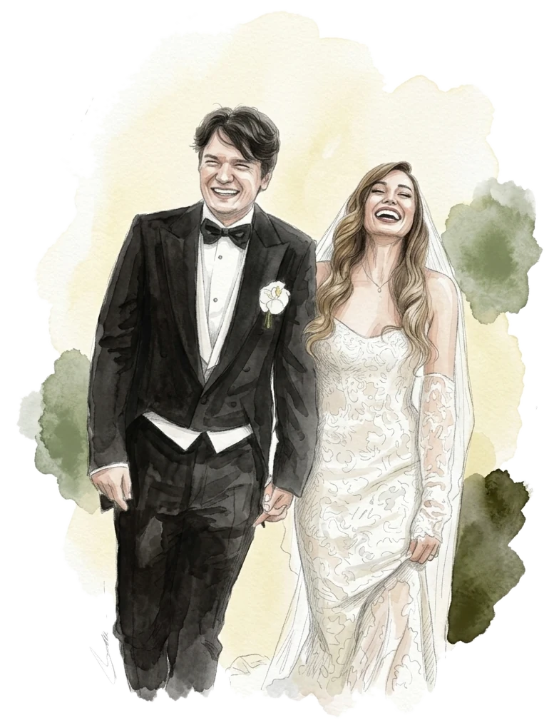Sposi che ridono camminando mano nella mano, illustrazione ad acquerello