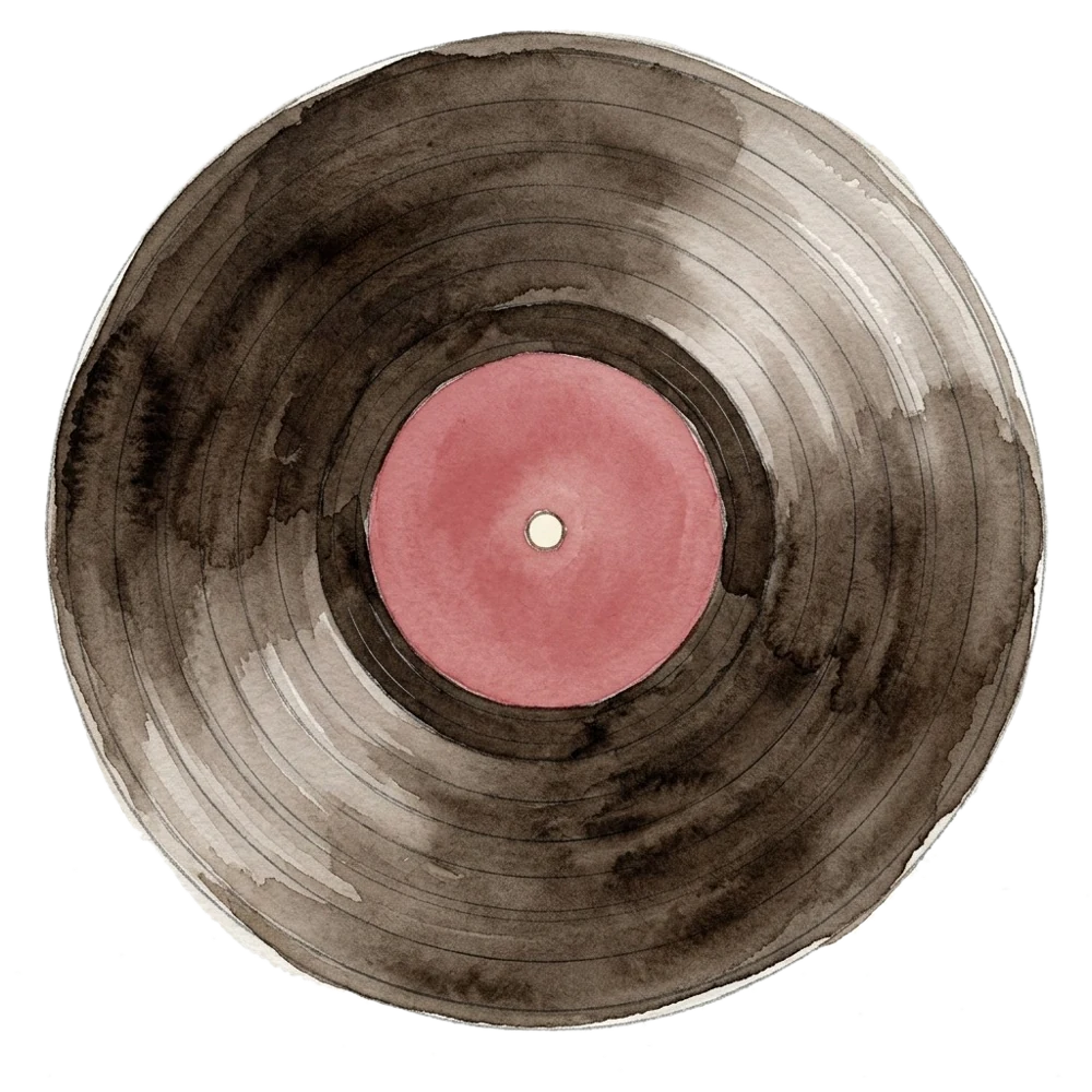 Disco in vinile ad acquerello con etichetta rosa (lato A)