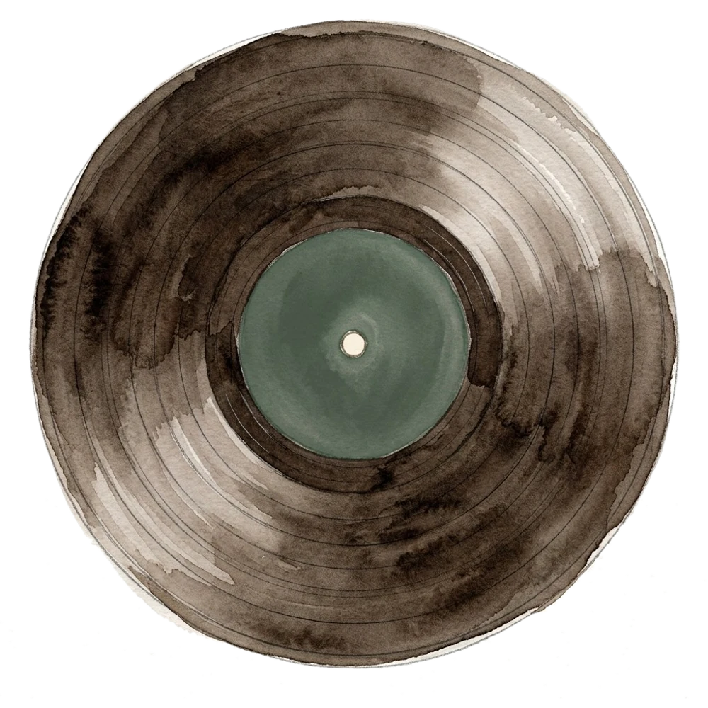Disco in vinile ad acquerello con etichetta verde (lato B)